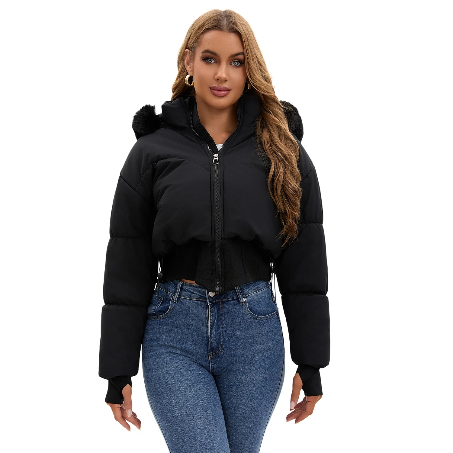 Large Fur Necklace Hooded. Short Cotton Jacket For Women, Autumn. And Winter New Thickened Warm Cotton Coat With Waist-cinching
