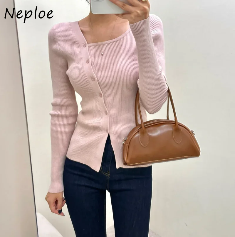 Neploe Square Collar Solid Color Long Sleeve Outerwear Off-shoulder Single-breasted Sweater Autumn Winter Vintage Cardigan Women