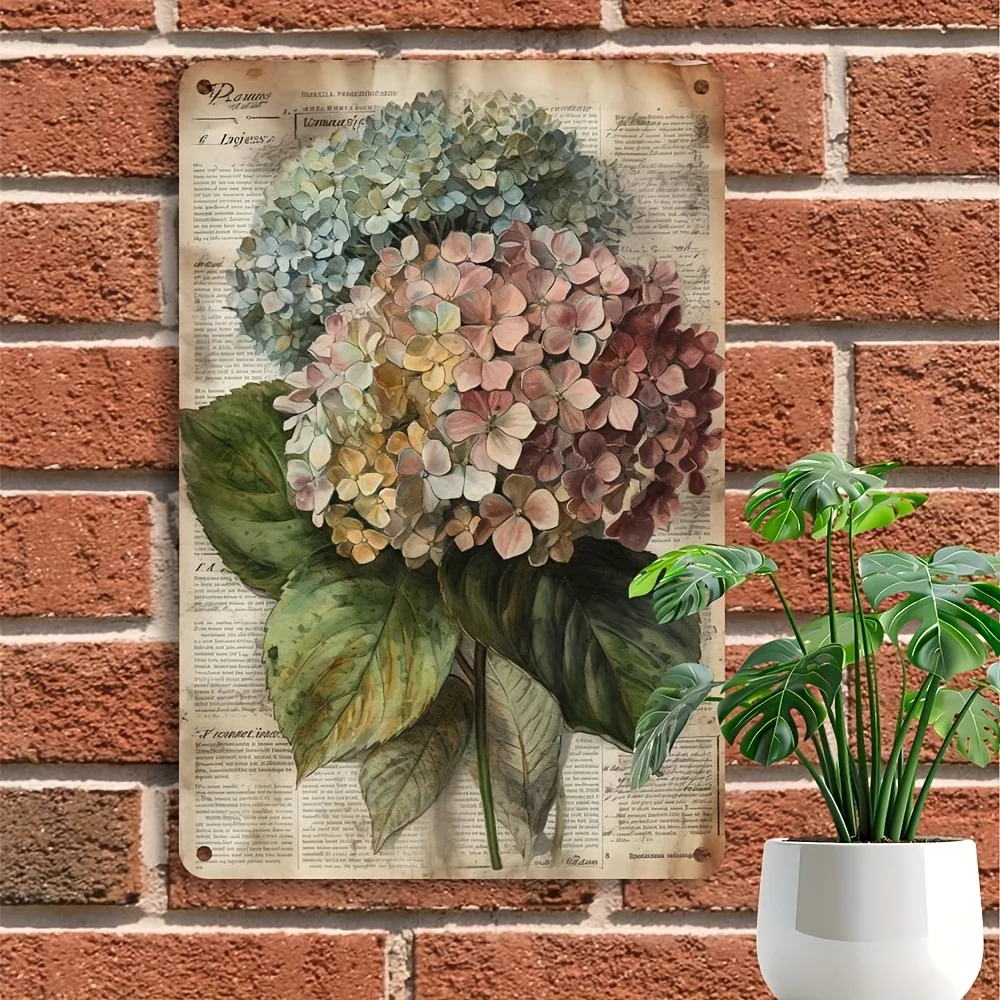 Retro Hydrangea Iron Metal Tin Sign 8x12inch Rustic Floral Wall Decor Plaque