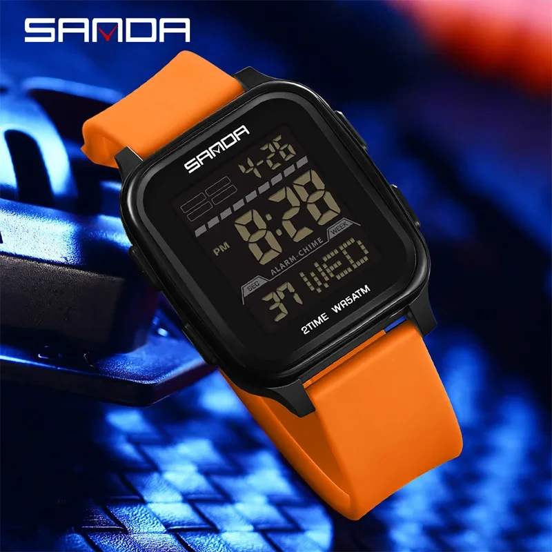 SANDA Brand Square Men's Watch Luminous Waterproof Countdown Multi Functional Outdoor Sports Large Dial Electronic Wristwatch