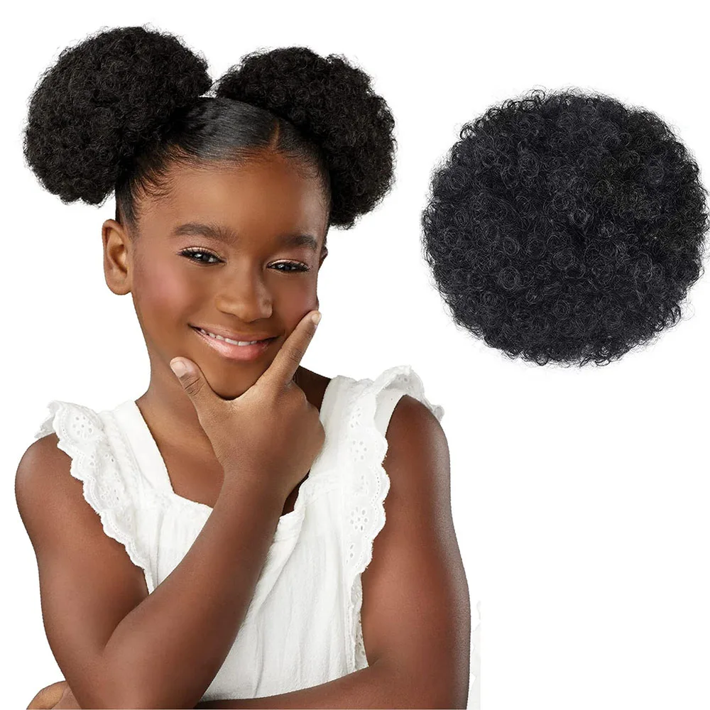 Afro Puff Drawstring Ponytail Extensions Synthetic Short Kinky Curly Hair Bun 2Pcs Updo Hairpieces for Black Women Girls