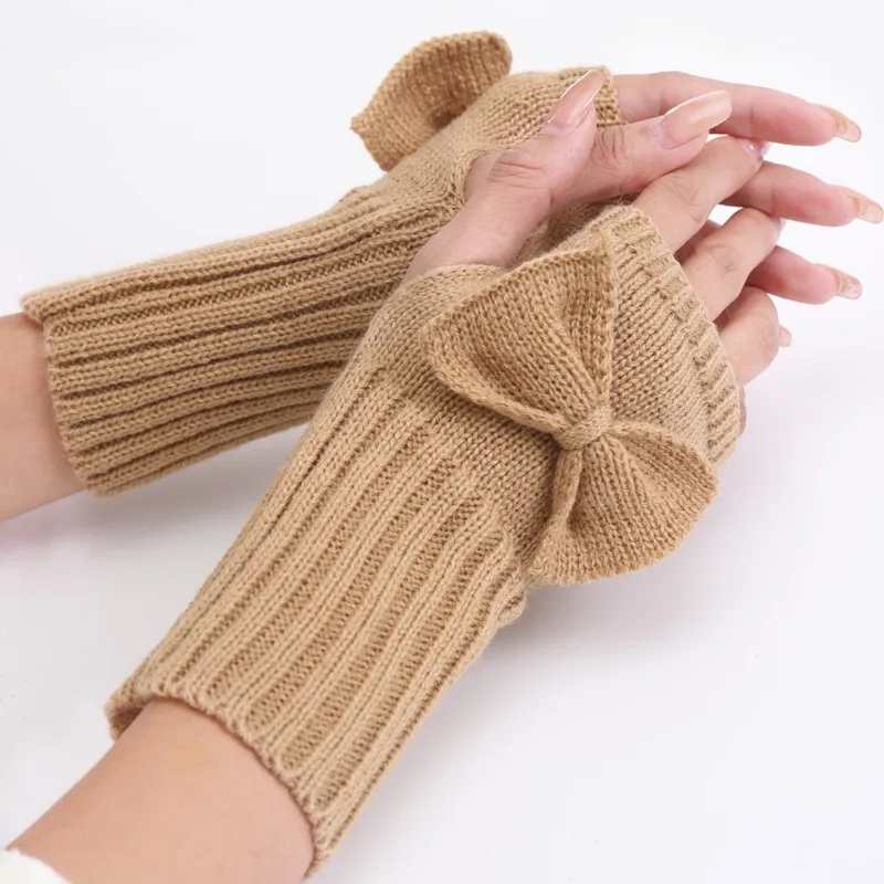 Stylish Womens Cute Short Bow Knitted Wool Warm Half Finger Gloves with Wrist Guards Soft Cozy Fashionable for Autumn Winter