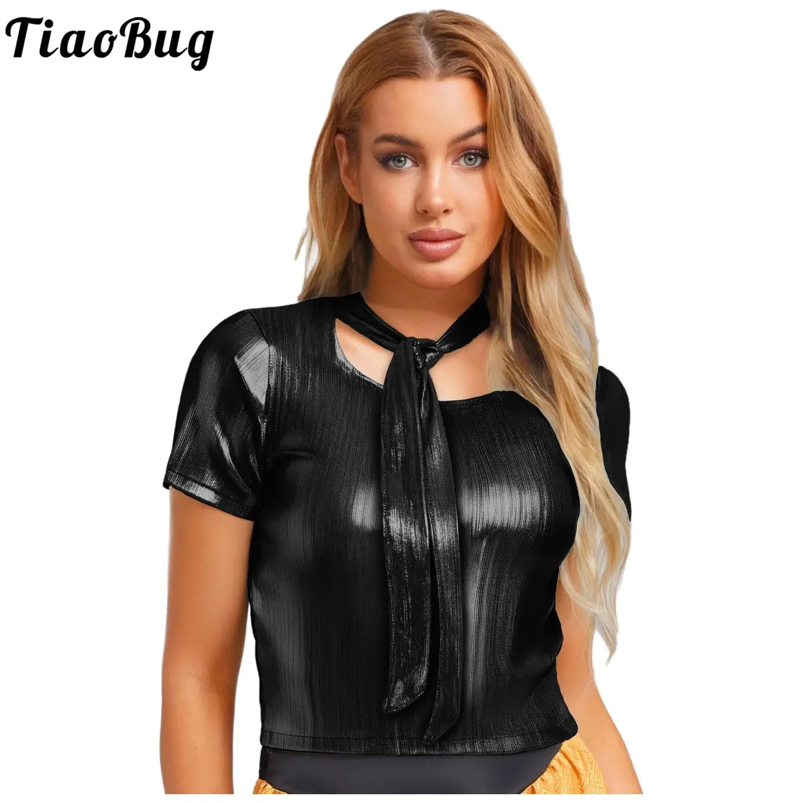 

Металлическая вечерние футболка для диско-клуба, танцевальная футболка, женская рубашка с короткими рукавами и драпировкой спереди, топы с высоким эффектом для музыкальных фестивалей