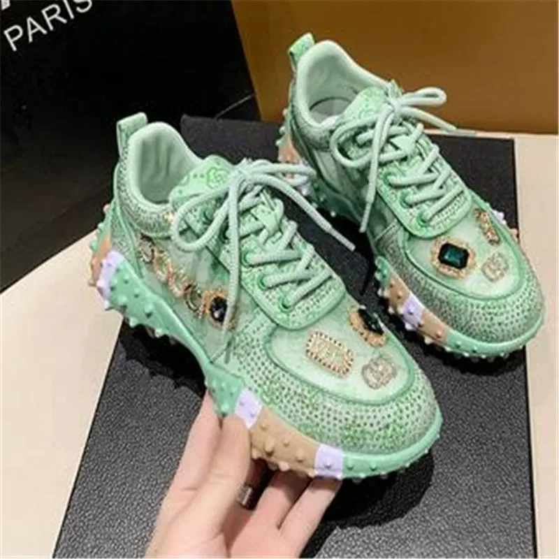 Women Casual Sneakers Luxury Designers Rhinestone Diamond Thick Bottoms Shoes Female Tennis Trainers Jogging Walking Shoe