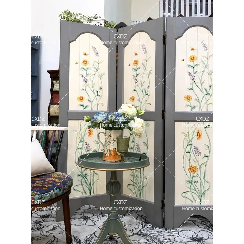Pastoral Solid Wood Folding Screen Movable Partition for Living Room Tea Room Background Wall Three Fold Room Divider