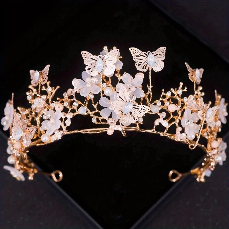 Bridal Crown Baroque Pearl Rhinestone Crown And Tiara Butterfly Hairband Wedding Hair Accessories Princess Crown Bride Tiaras