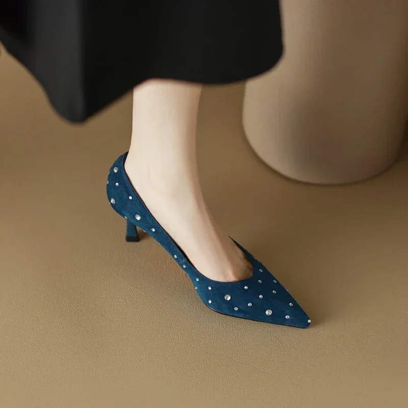 

NEW Spring Women Shoes Pointed Toe Thin Heel Pumps For Women Sheep Suede High Heels Blue Women Stiletto Heels Bling-bling Shoes