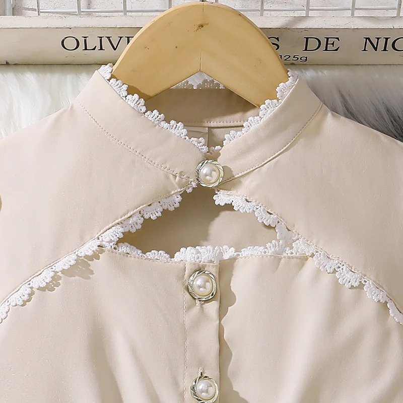 فستان بناتي بعمر 8-12 سنة، مكرامي دانتيل أنيق للصيف، ياقة مكشكشة، أكمام طويلة، خصر مرن، تنورة كینية، حلوة Pr #3