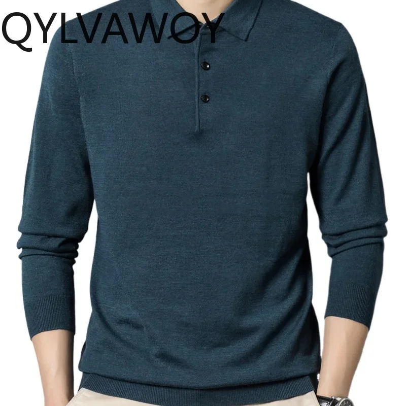 QYLVAWOY 5.8% Wool Polo Shirt Men 2025 Spring Autumn Mens T-Shirts Men's Long Sleeve Tops Business Casual Shirts Loose Fit