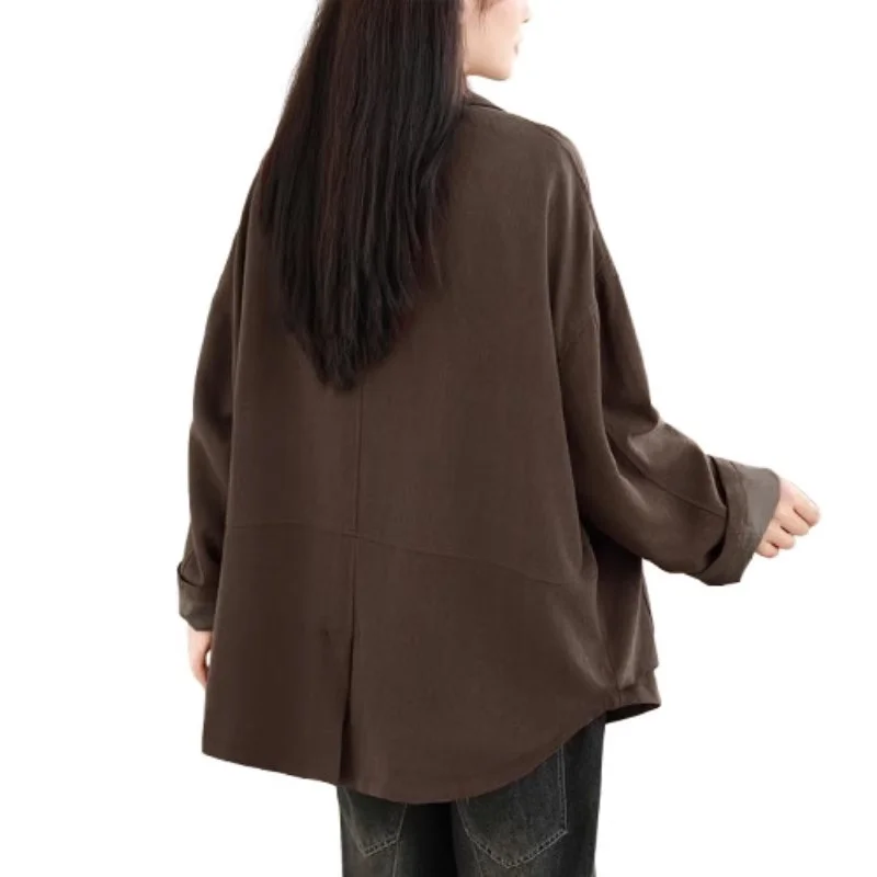 リネンブレザー レディースコート：春夏カジュアル長袖ジャケット、ゆったりフィットのオープンフロントブレザー（裏地付き）、無地 W1842