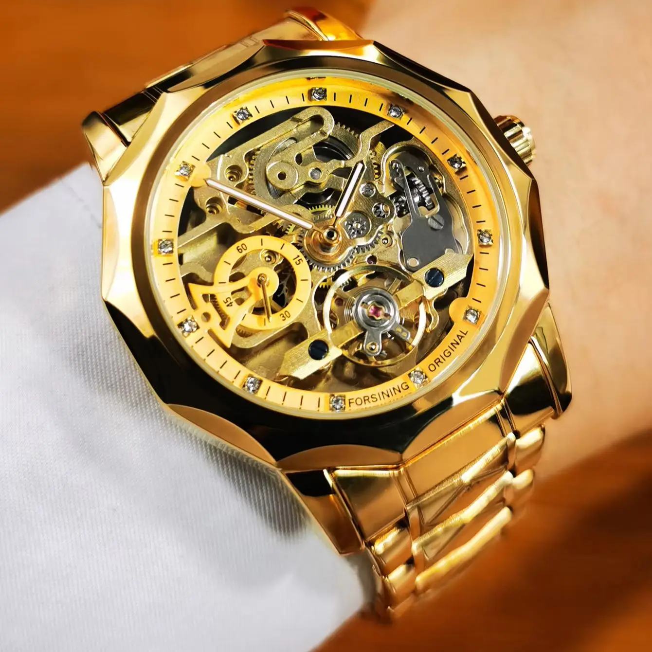 

Forsining золотые автоматические часы с турбийоном и скелетом для мужчин, модный ремешок из нержавеющей стали с бриллиантами, роскошные брендовые механические часы