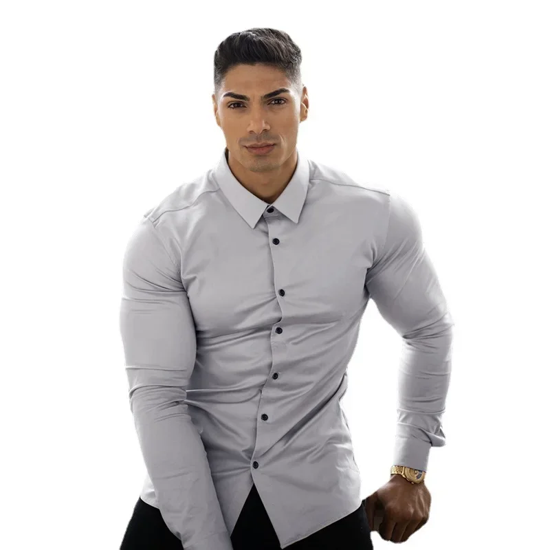 Spring Autumn Fashion Full Sleeve Shirt Men Solid Casual Slim Fit Social Business Dress Shirt Mens Gym Fitness Sports Clothing