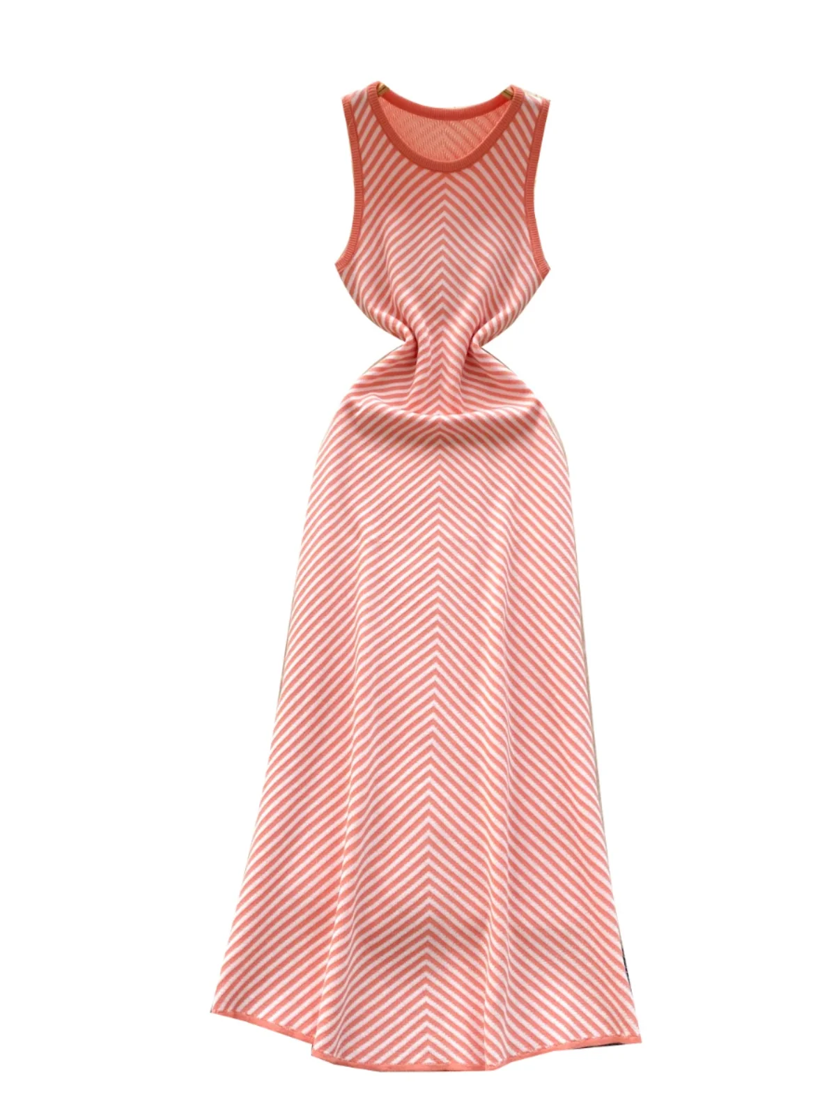 فستان نسائي محبوك ضيق مناسب لربيع 2025 بدون أكمام برقبة دائرية صدرية مخططة بخصر مرتفع تنورة ميدي على شكل حرف A على الطراز الكوري