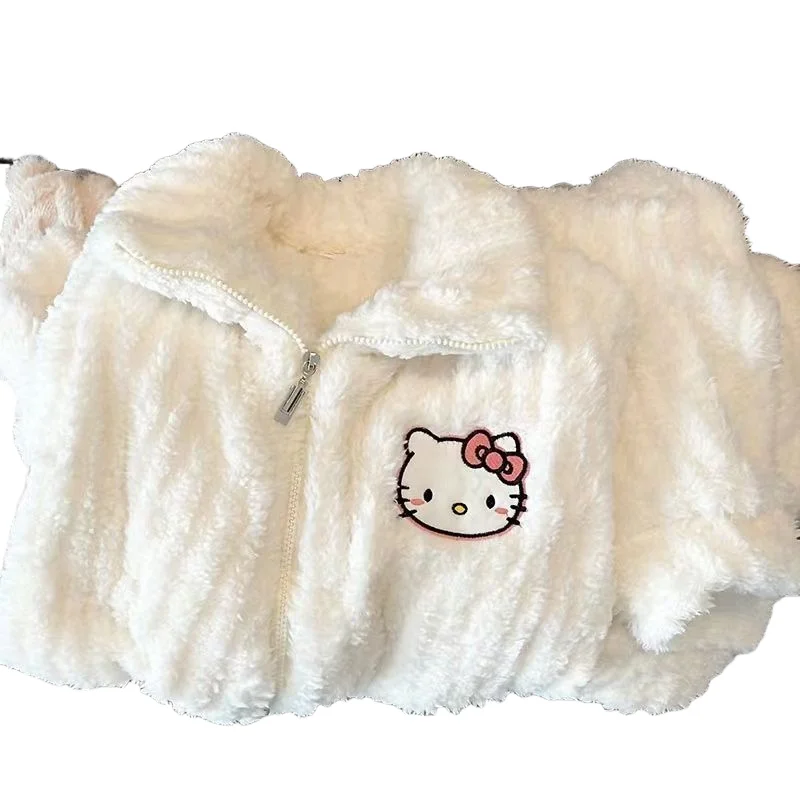 ชุดนอนเฮลโลคิตตี้แบบหนา 2 ชิ้น ซานริโอ้ สำหรับเด็กผู้หญิง ผ้ากำมะหยี่คอรัล พร้อมเสื้อคลุมกำมะหยี่แบบใหม่ สไตล์ฤดูหนาว ชุดนอนแบบมีซิป เสื้อคลุมใส่ในบ้าน