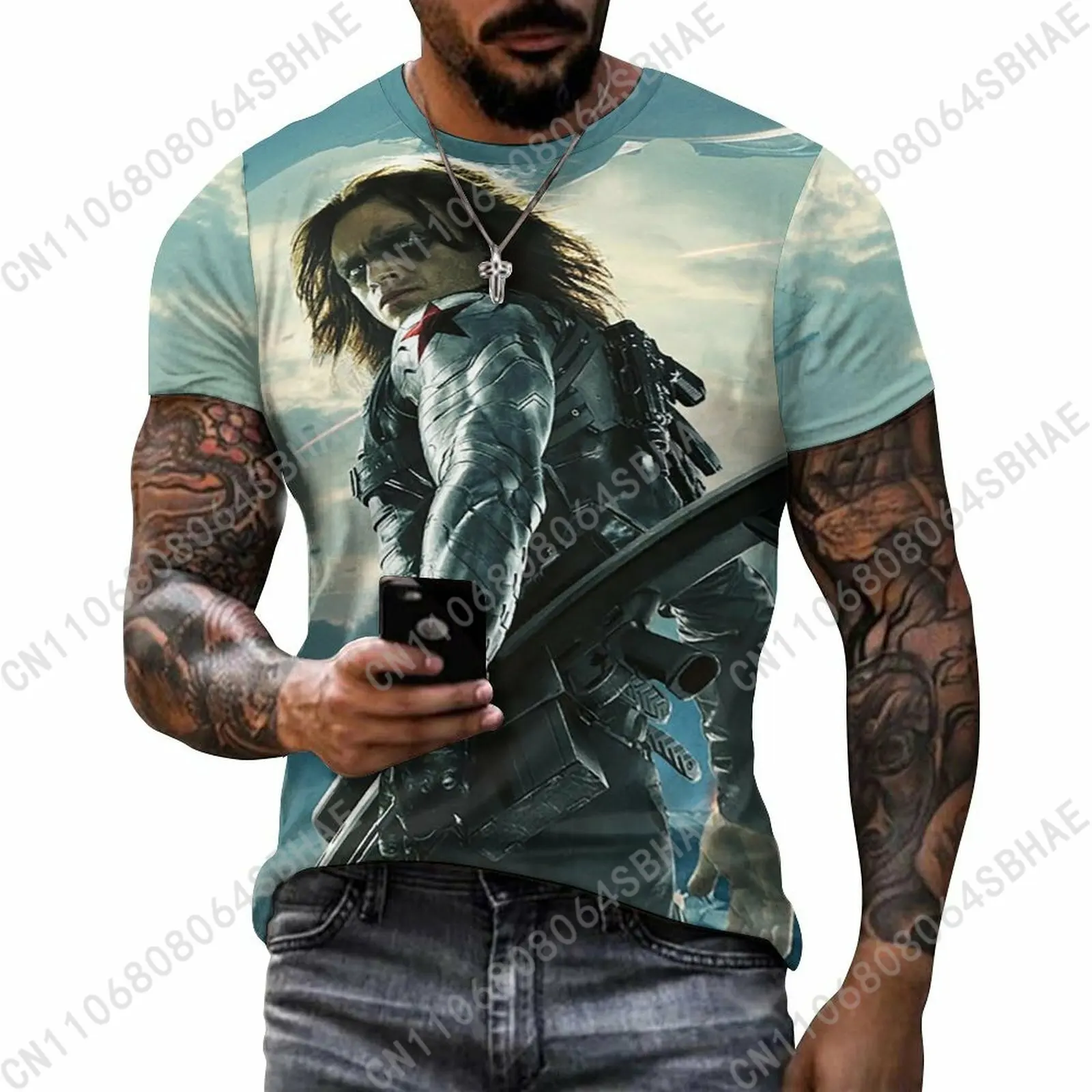 

Мужская хлопковая футболка с индивидуальным рисунком Marvel Bucky Barnes, футболка с короткими рукавами, мужские топы, персонализированная футболка, летняя футболка для косплея