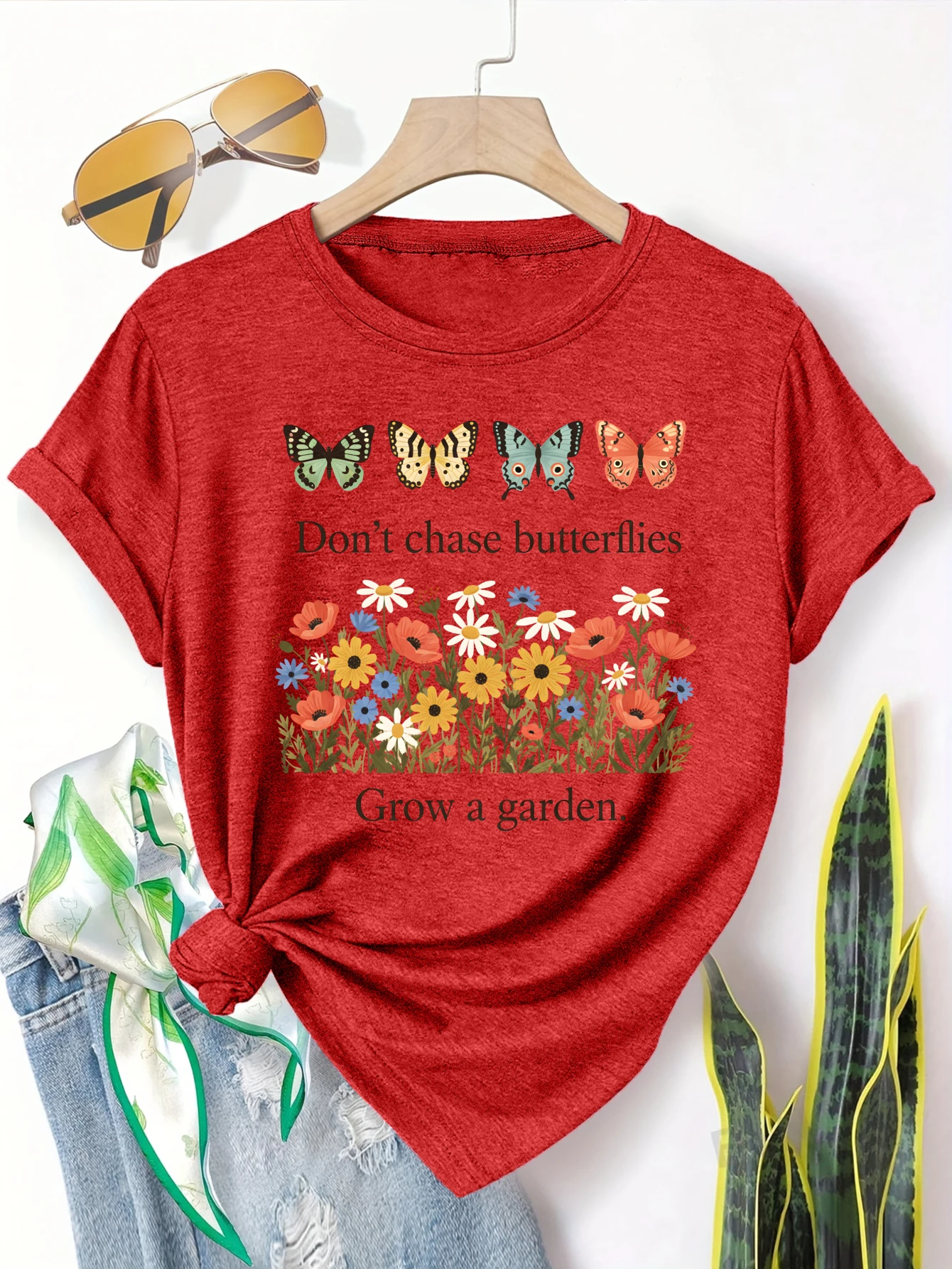 

Plus size women's short sleeve T-shirt Butterflies Flowers Garden Quote Art Everyday comfortable and versatile style summer