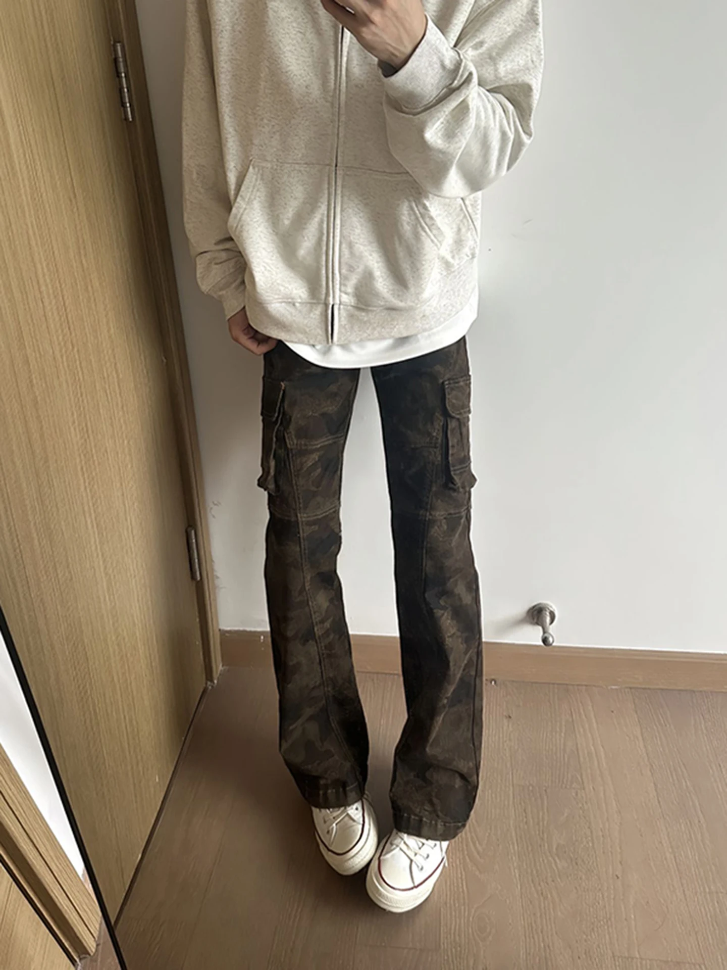 American Style Vintage Camouflage Men's Jeans High Street Vibe Workwear Pants Slim Straight Leg Micro Flared Trousers