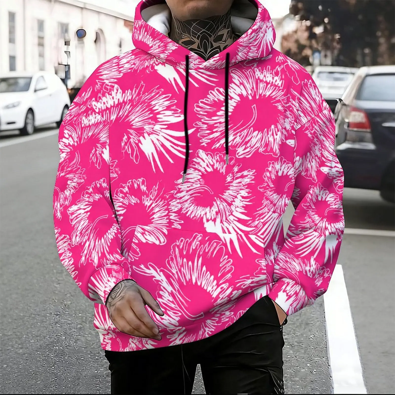 Men Hot Pink White Abstract Floral Printed Long Sleeve Drawstring Pullover Hoodie with Kangaroo Pocket