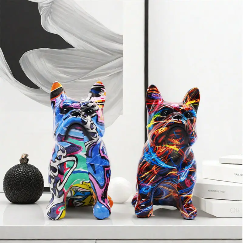 Graffiti Resin French Bulldog Statue Sculpture Colored Animal Dog Art Figurine Decoration for Living Room Home Table Ornaments