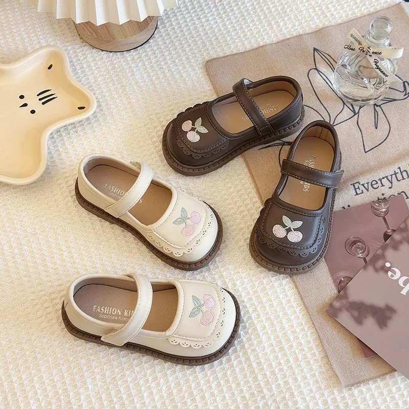 Children Leather Shoes Cherry Beige Brown Cherry Cute Kids Mary Janes Embroidery Daily Cover Toe Spring Toddler Girl's Shoe