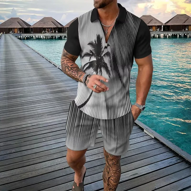Fashion Men's Suit Zipper Polo Shirt Shorts Pants Two Piece Set Coconut Tree Stripe 3D Print Casual Men Clothing Tracksuit Set