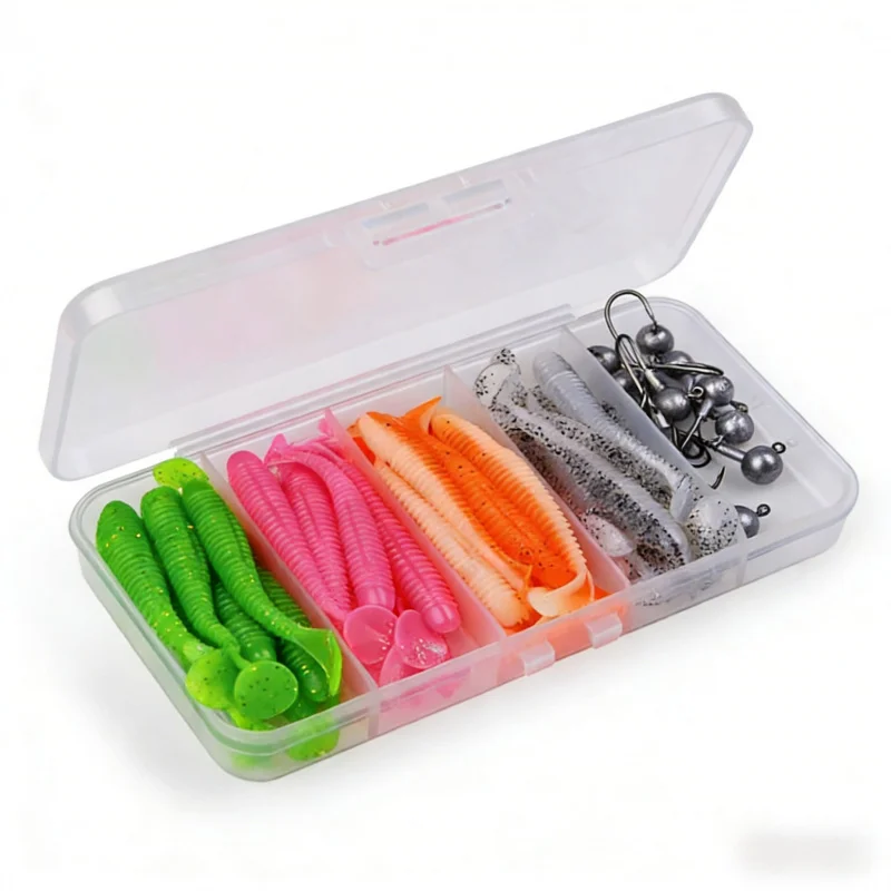 

51Set of LuresTSoft Tail Bait Soft Worm Lead Head Hook Set with Storage Box Complete Set of Fake Bait Suitable for both fresh an