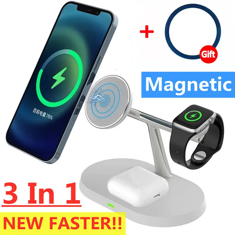 30W 3 in 1 Magnetic Wireless Charger Stand Macsafe For iPhone 14 13 12 Pro Max Airpods Pro Apple Watch 8 7 Fast Charging Station