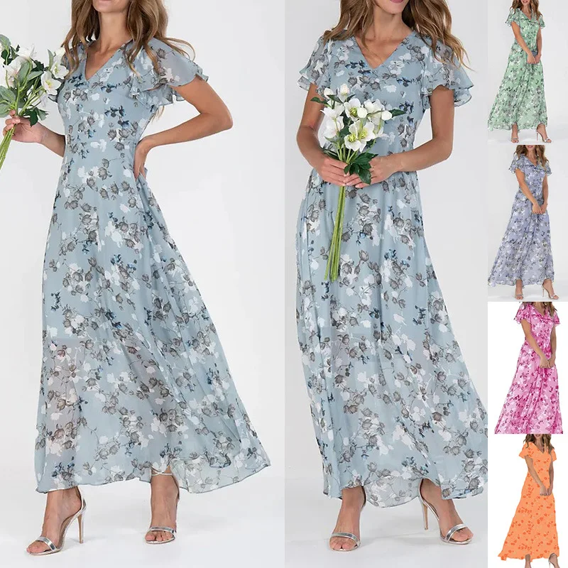 

New Style Beach Maxi Dress Chiffon Floral Short Sleeve RuffleVFashionable Waist-Cinching Dress