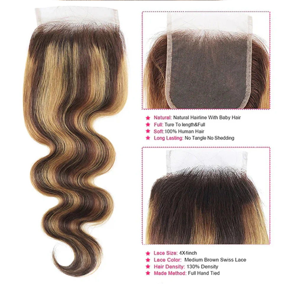 P4/27 Highlight Human Hair Bundles With 4x4 Body Wave Lace Closure Brazilian Remy Hair 3/4 PC Bundle Double Weft Hair Extensions