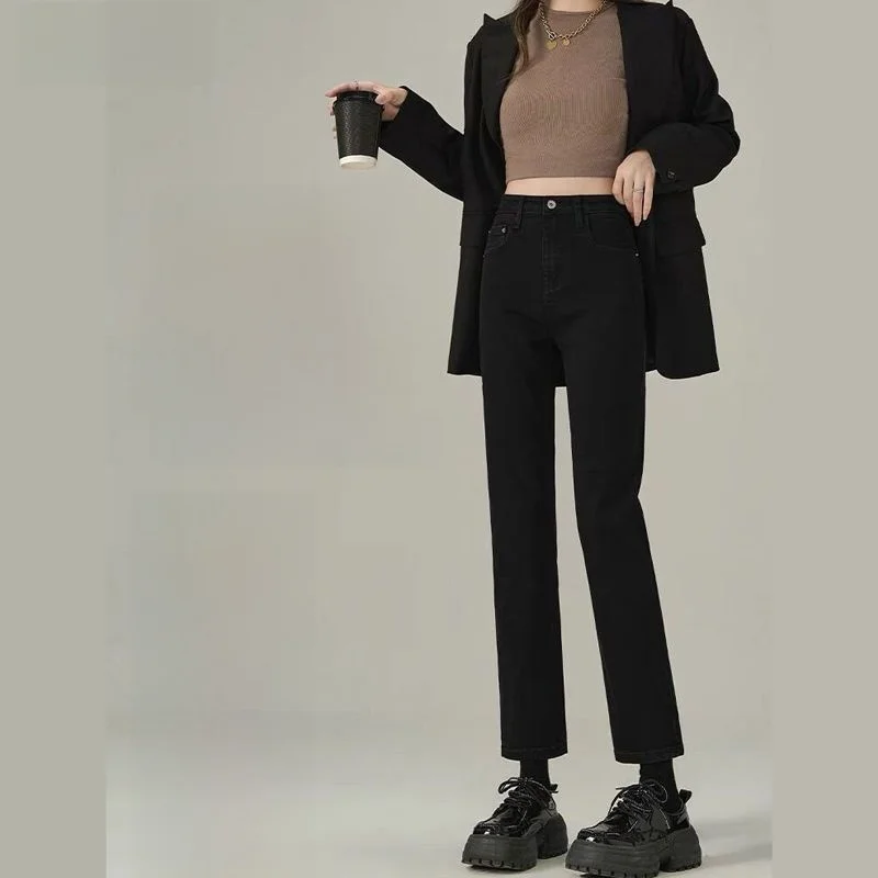 

Women's Fce Lined Straight Leg Jeans High Waist Thiened Winter New Sle Slimming Versatile ort Size e Tube Pants