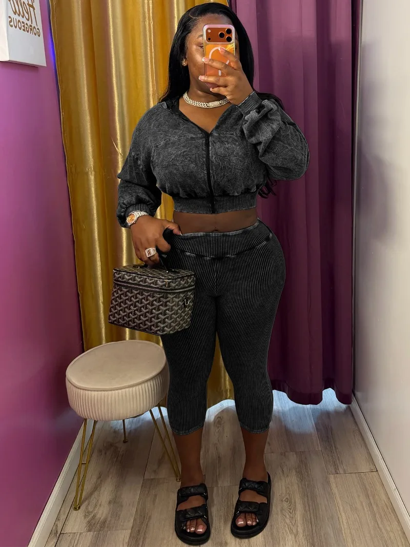 Women Solid Washed Cotton Ribbed 2 Piece Set Zipper Long Sleeve Hooded Jackets Crop Top + Ruched Booty Lifting Calf Length Pants