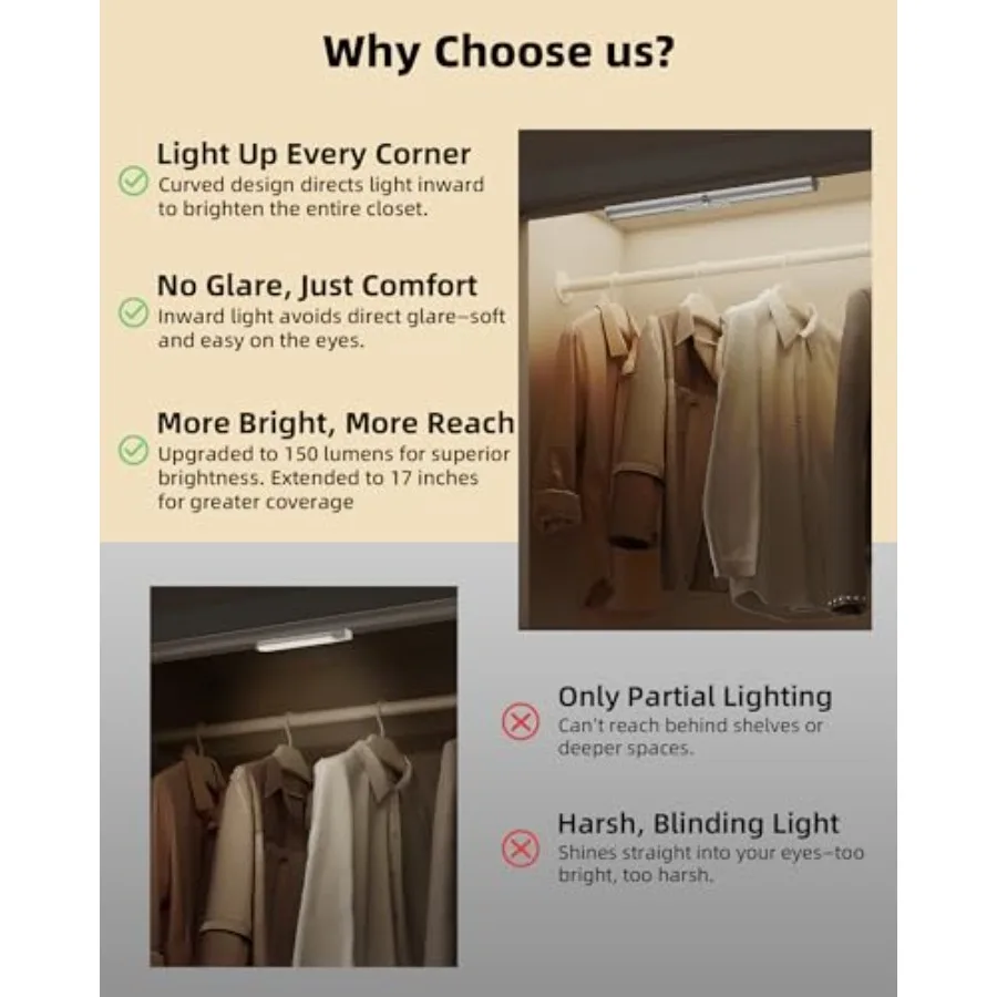 17-Inch Motion Sensor Closet Lights, 3600mAh Rechargeable Battery LED Cabinet Lights, 150 Lumens No-Glare Curved, 3 Color Temps