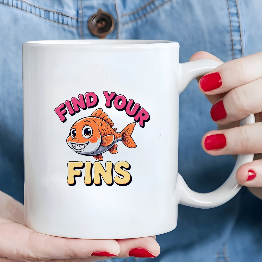 

11oz Cartoon Fish Mug + Fun FIND YOUR FINS + Kids Cold & Hot Beverage Cup Christmas Gift Family Office Cup