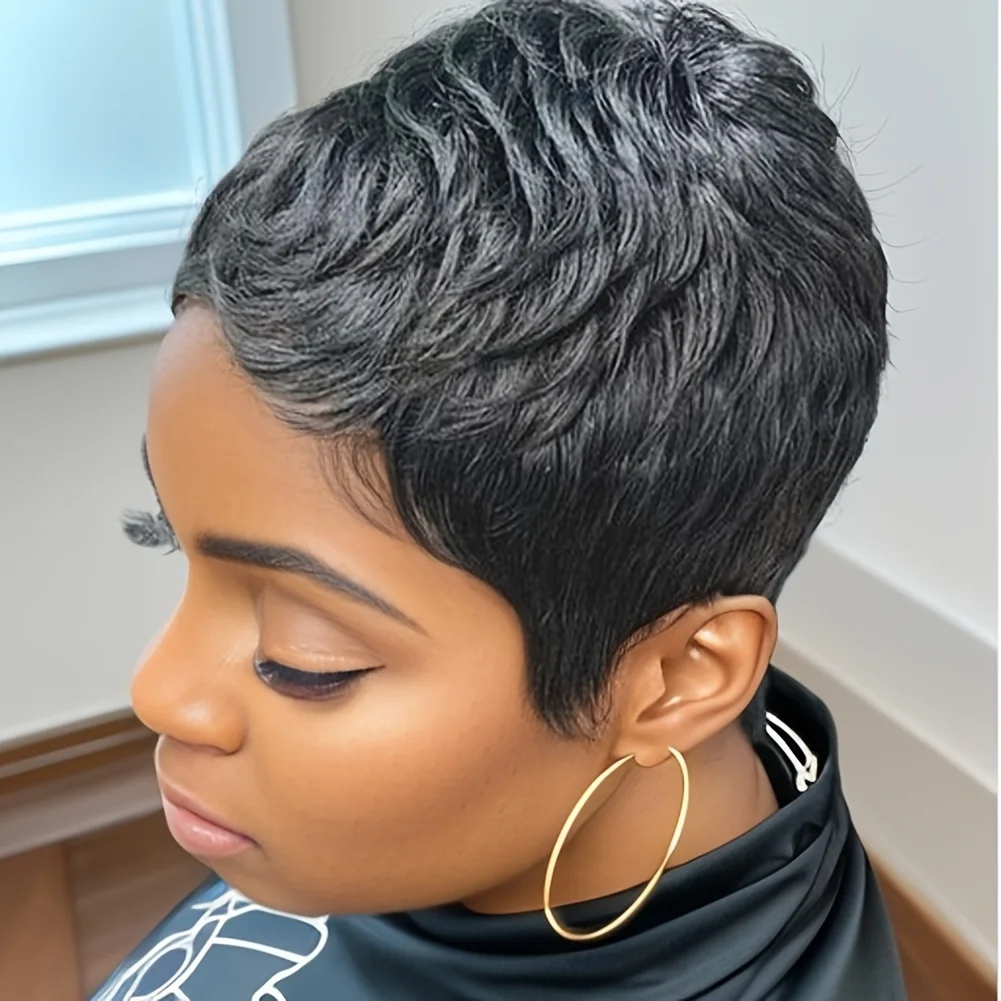 여성용 짧은 픽시컷 가발 150% 밀도 인모 풀 머신 메이드 가발