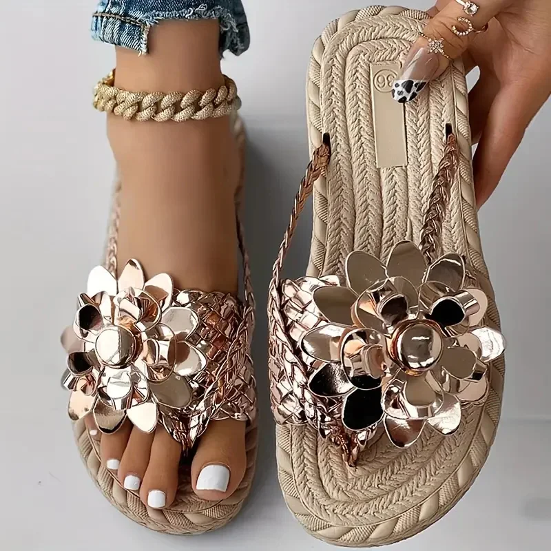 Zapatillas planas con patrón Floral trenzado para mujer, chanclas informales para vacaciones, verano, 2024