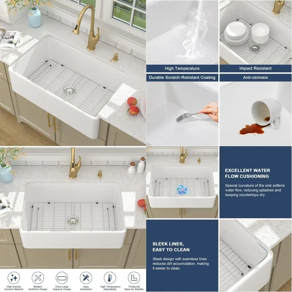 

Farmhouse Style 33 Inch Reversible Fireclay Apron Front Sink, 33x20x10, Solid White, Farmhouse Kitchen Sinks