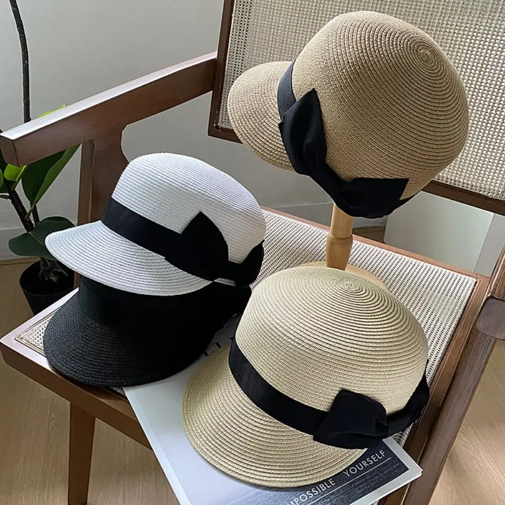 Summer Woven Bow Sun Hat UV Protection Peaked Cap Straw Hat Solid Color Panama Hat Women