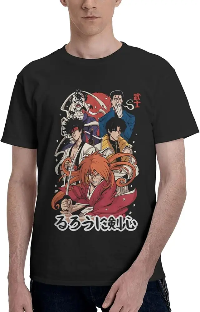 Anime T Shirts Rurouni Kenshin Men's Summer Cotton Tee Crew Neck Short Sleeve Clothes Black