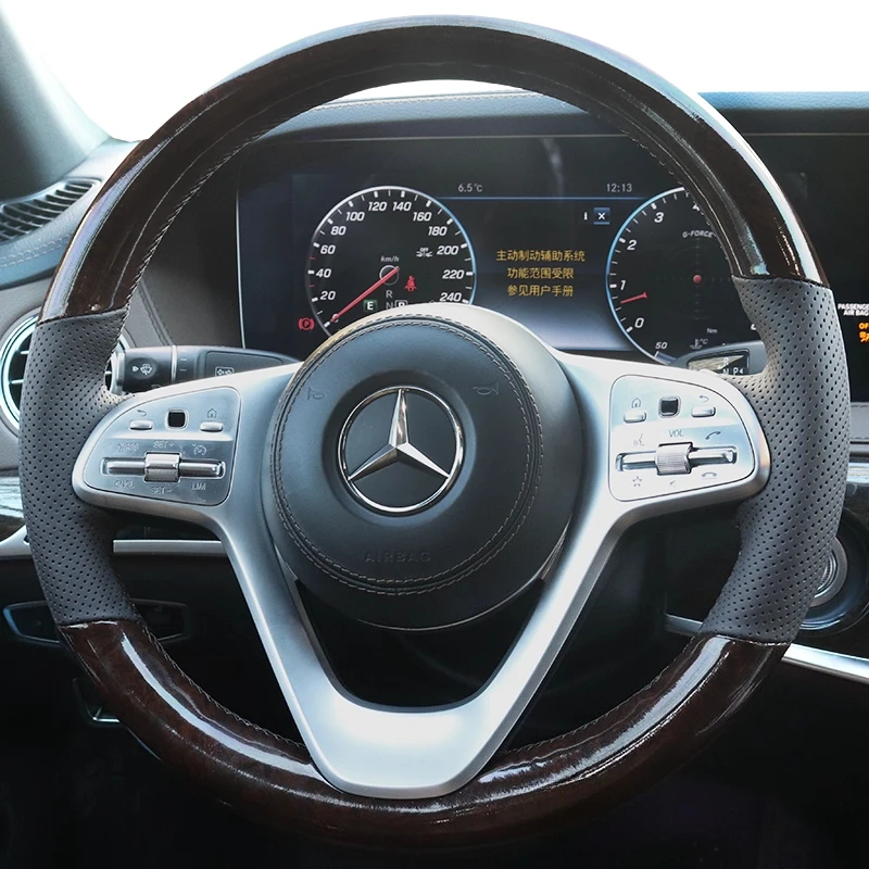 

For Mercedes Benz S Class W222 2017-2020 Hand-stitched Peach wood grain Genuine Leather car steering wheel cover