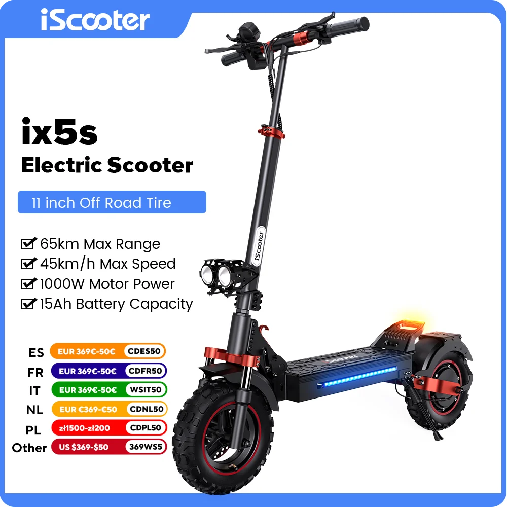 iScooter iX5s Electric Scooter 15Ah 1000W Powerful Kick Scooter Anti-skid Off Road Pneumatic Tire 65km Range 45km/h eScooter