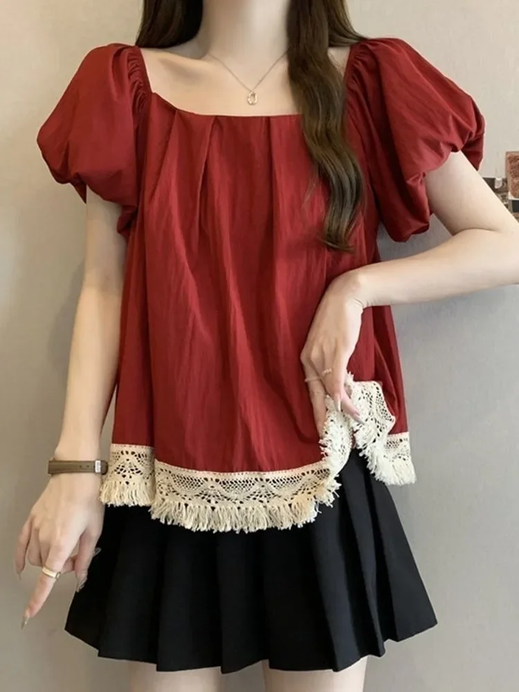 우아한 아름다운 프랑스 레이스 Tassels Boho 블라우스 스퀘어 칼라 퍼프 슬리브 스위트 셔츠 젊은 여성 캐주얼 탑 한국 패션