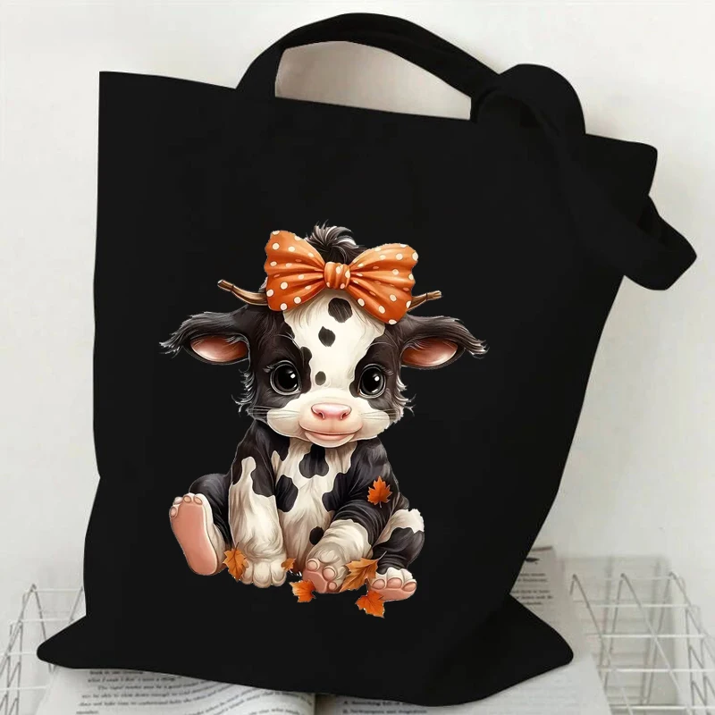 Cute Cow Print Canvas Tote Bag Women's Large Capacity Beach Shoulder Bag Student Casual Travel Shopping Bags Cartoon Cow Handbag