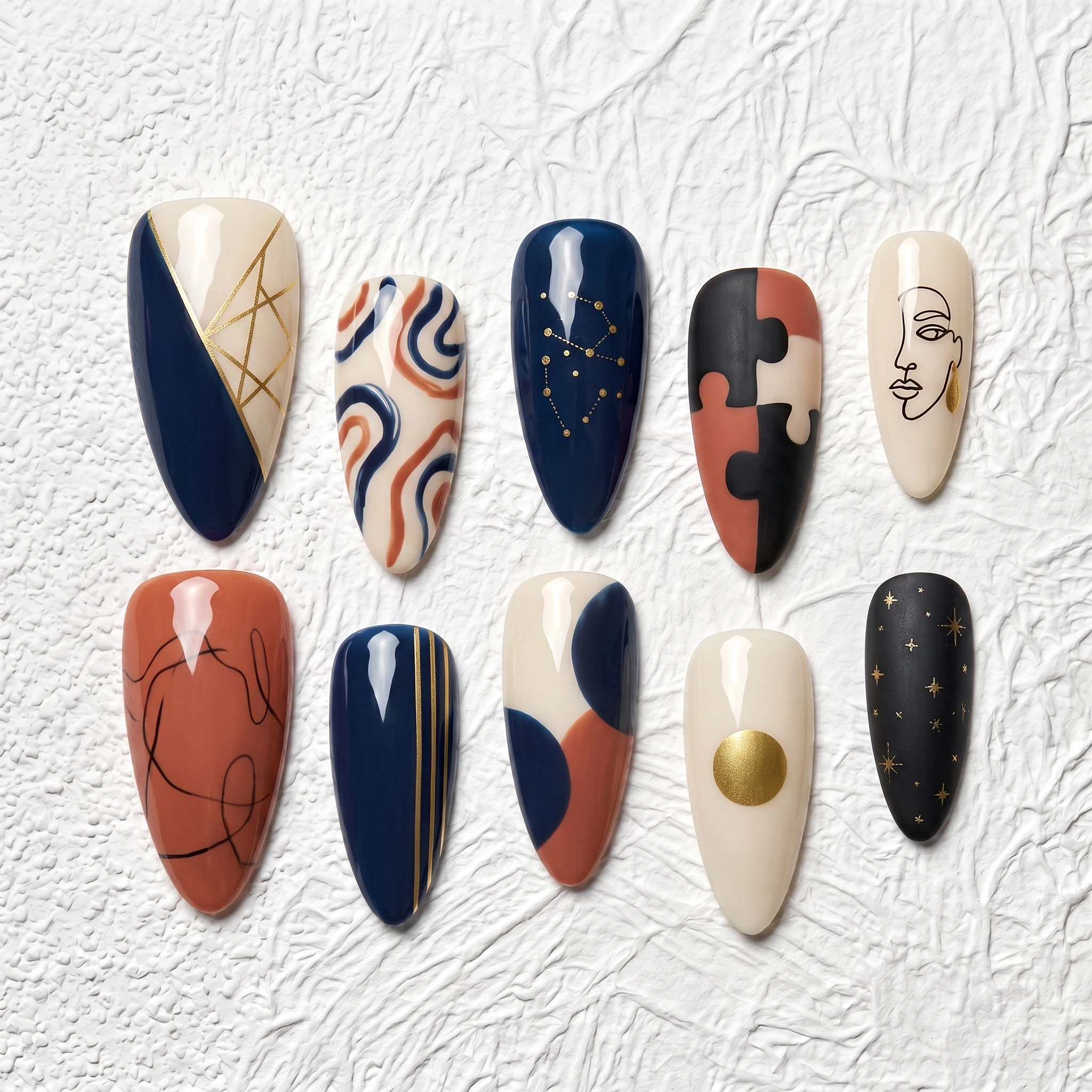 Artisan Handcrafted 10PCS Artisan Abstract Almond Press-On Nails | Navy & Terracotta Swirls, Constellations, Puzzle, Line Art, G