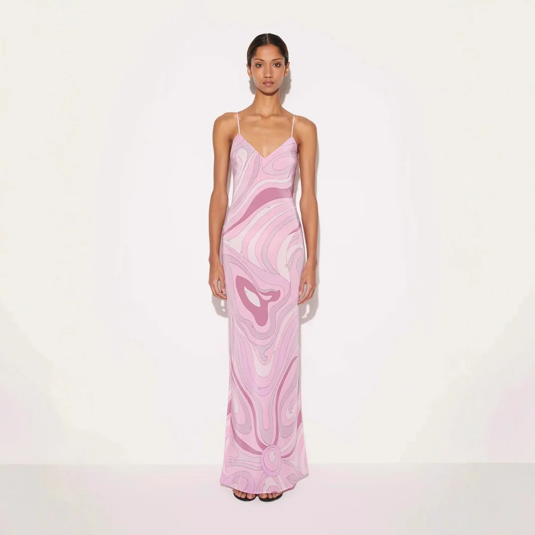 

Vintage Pattern Print Spaghetti Strap Dress Casual V Neck Backless Slit Long Dresses Spring Summer Sleeveless Hollow Women Dress