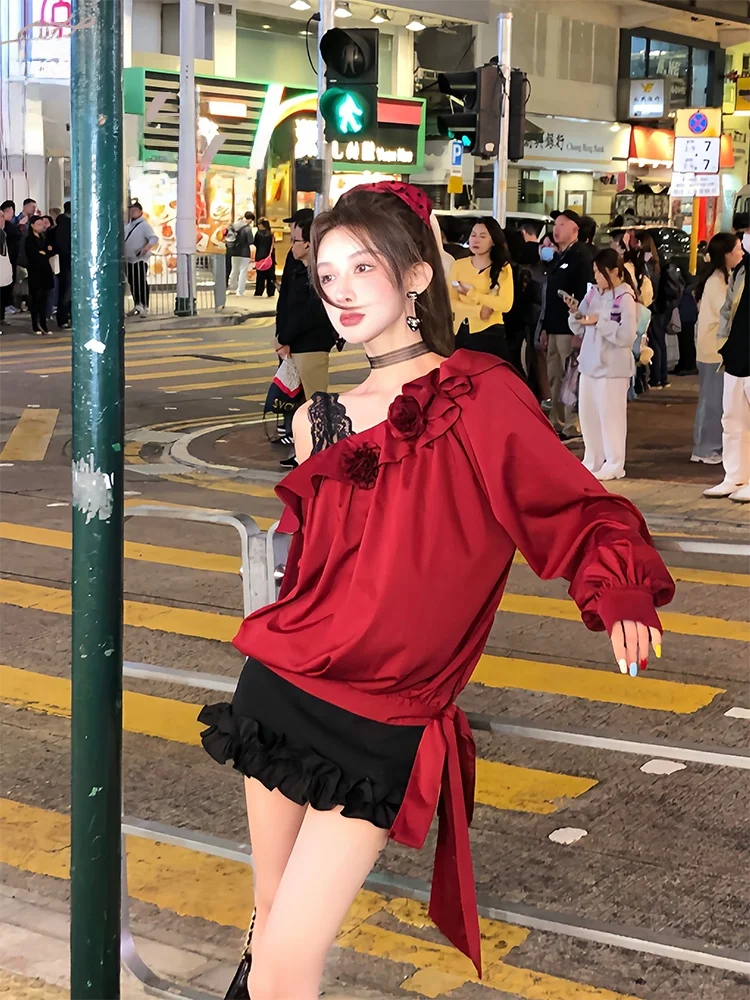 

PITAO Original SuLiJin Lace Collar Elegant All-Match Spring Summer One-Shoulder Shirt Princess Style Long Sleeve Women's Fashion