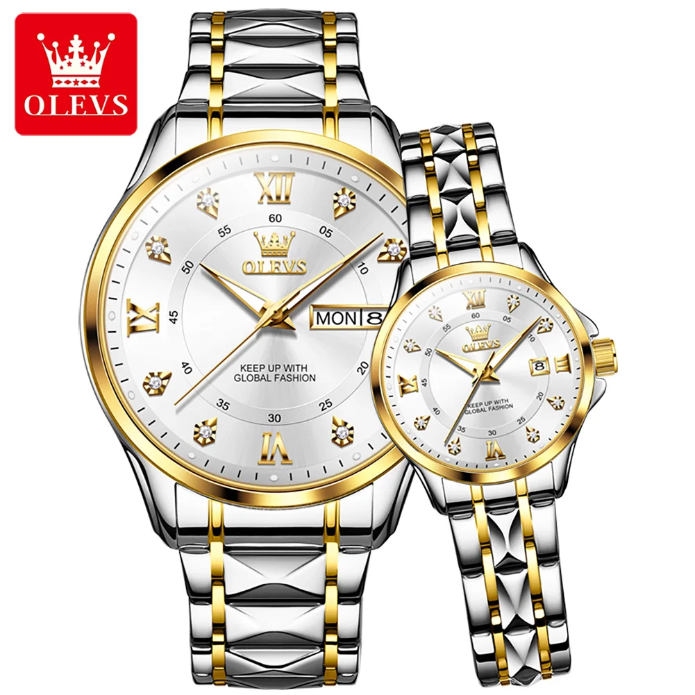 OLEVS Brand Luxury Couple Watches Men and Women Fashion Diamond Stainless Steel Waterproof Luminous Pair Lovers Quartz Watch