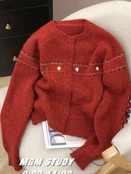 Zoki Christmas Red Print Cardigan Sweater Women Vintage Long Sleeve Knitted Coat Sweet Casual Female Retro Korean Cute Tops New