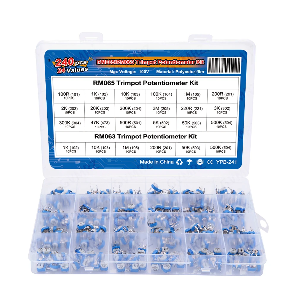 240PCS RM065 Variable Resistor NEW 100R - 2M 24Values*10PCS RM063 Carbon Film Horizontal Trimpot Potentiometer Assortment Kit