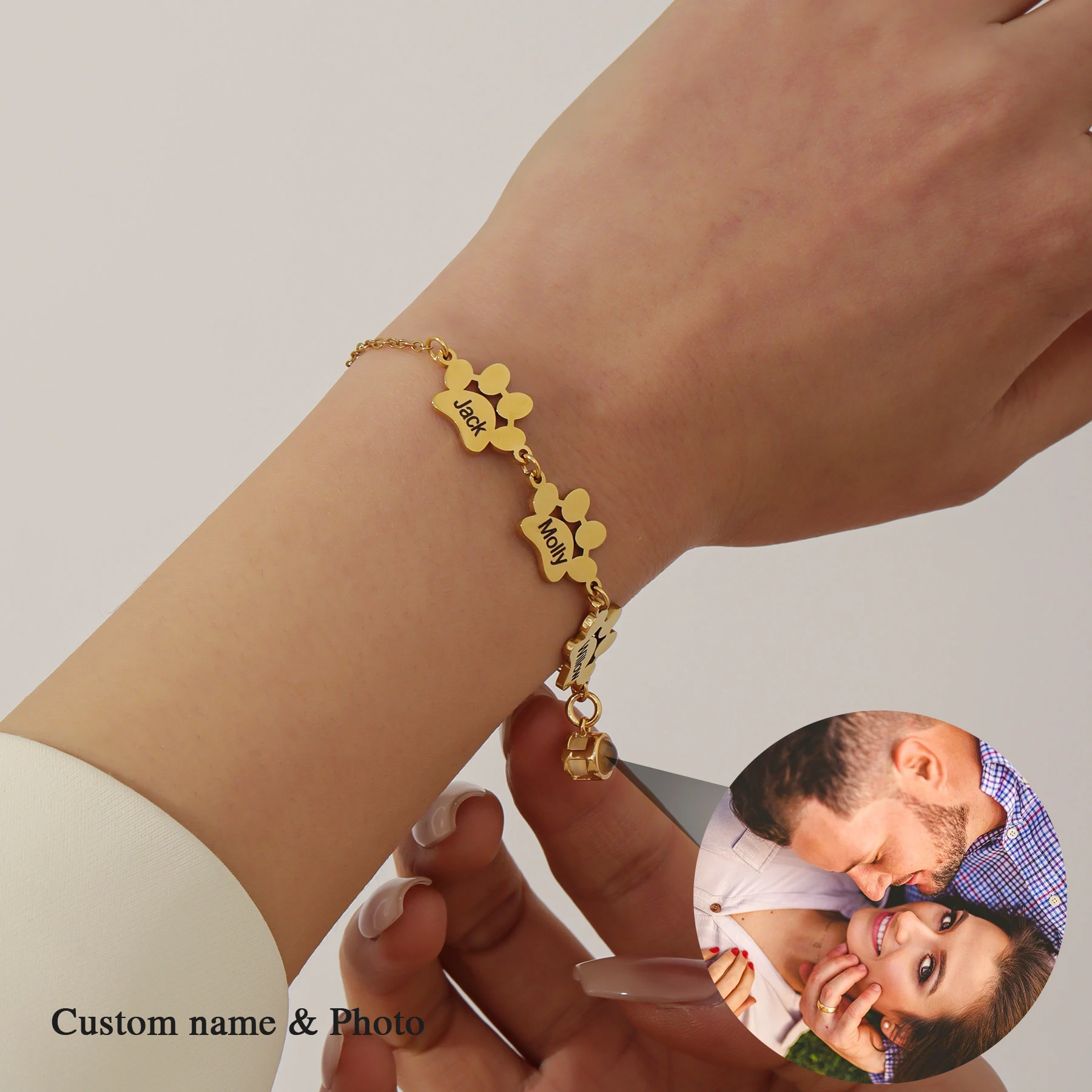 

Custom Multi Name Photo Bracelet Gold Plated Paw Print Charms Personalized Memorial Jewelry Pet Lovers Family Gift Multiple Name