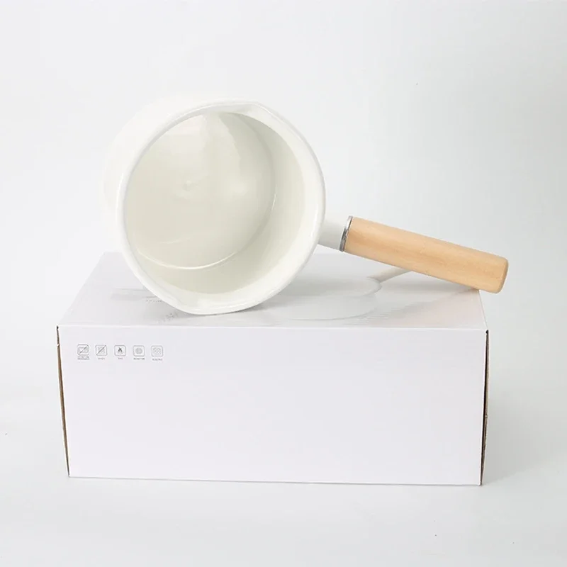 Hot Enamel Milk Pot Wooden Handle Gas Stove Induction Cooker Baby Breakfast Milk Coffee Pot Cookware Single Handle Pan
